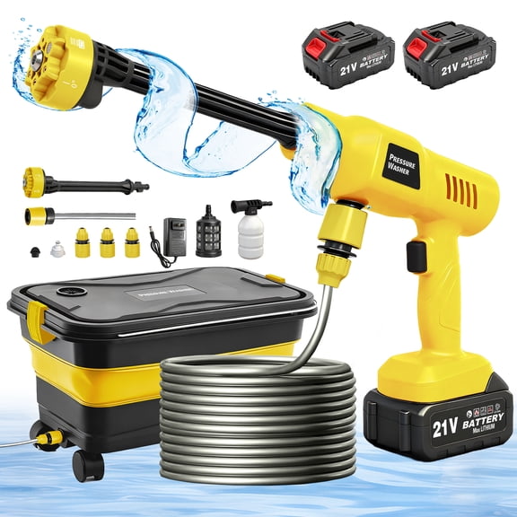GlobalSourse 1160PSI High-Pressure Washer, Portable with Foldable Water Tank & Dual 4.0Ah Batteries, Self-Contained Cleaning System for Vehicles, Outdoor Areas, Home – Yellow