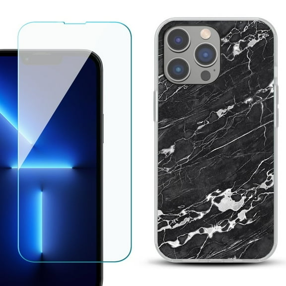 Slim-Fit Gel TPU Phone Case for iPhone 14 Pro Max, with Tempered Glass Screen Protector, by OneToughShield ® - Marble B/W