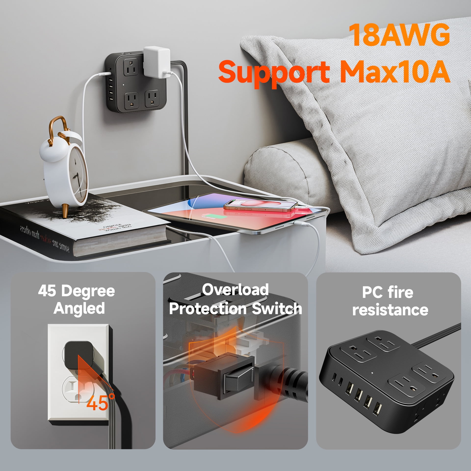 USB Charging Strip - 8 AC Outlets Extender 6 Fast-Charging USB Ports Heavy-Duty US Standard Socket with Extension Cable Multi-Device Charger Station for Office Home Travel（Black）