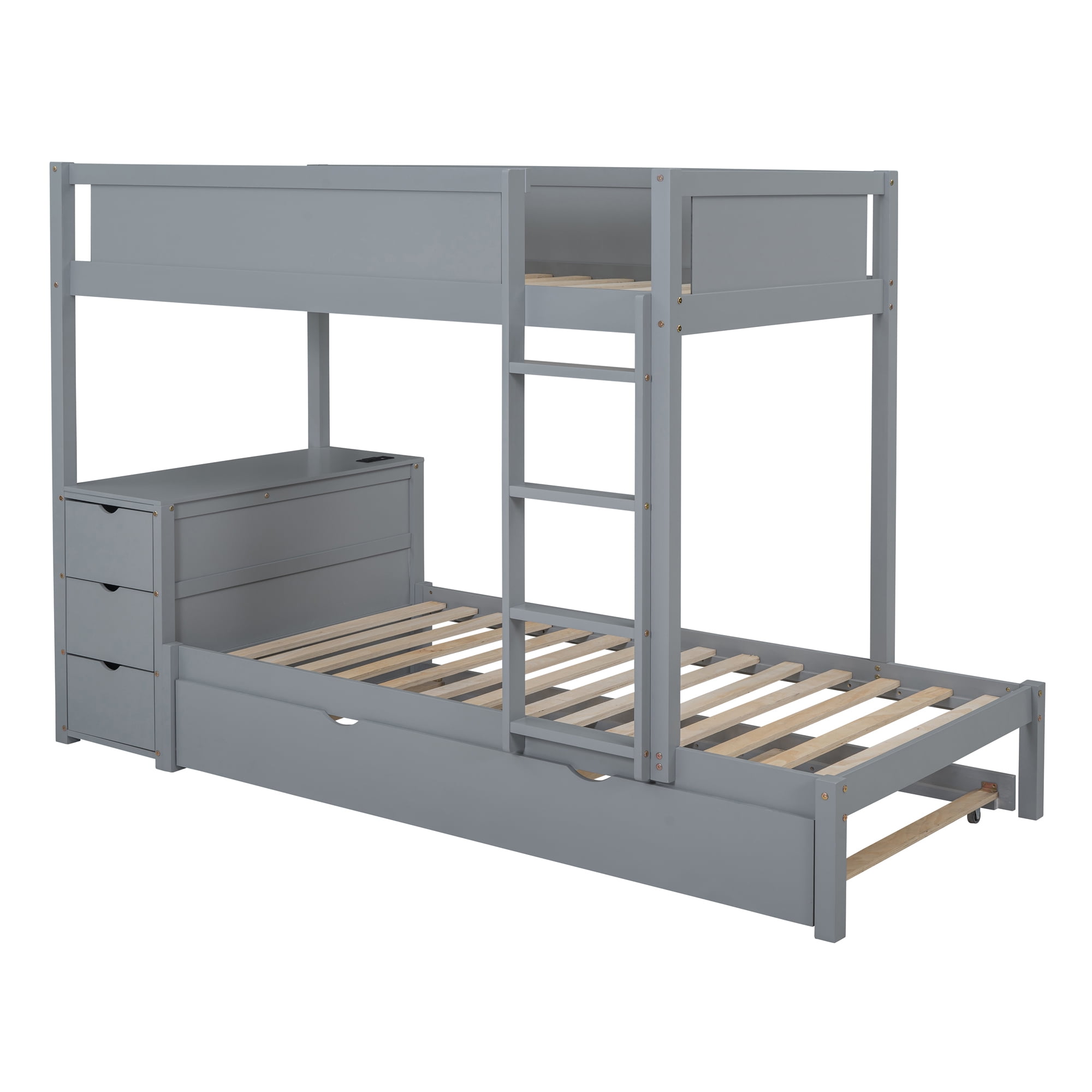 Twin over Twin Bunk Bed with Twin Size Trundle, 3 Storage Drawers and Desk, Solid Wood Kids Bunk Bed Frame with Ladder for Kids Teens Adults