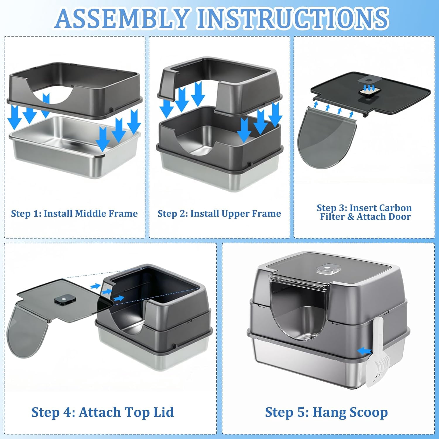 Stainless Steel Litter Box with Lid, Side Entry Large Enclosed Cat Litterbox for Kitty & Multi-Cat, Flip Cover Easy to Clean, High Sided Metal Cat Litter Pan with Scoop,Anti-Leakage, Non-Sticky