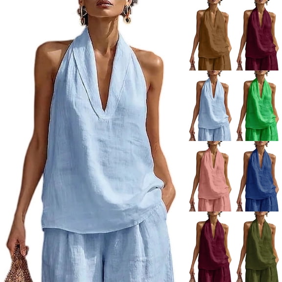 Lumtrix Cotton Linen Halter Tops For Women Flowy Sleeveless Loose Fitting Tank Tops Beach Summer Dressy Casual Plain V Neck T Shirts Blue L