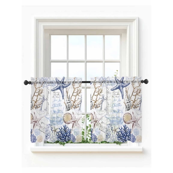 Blue Brown Coastal Tier Curtains 36 Inch Length,Sheer Curtains for Bedroom Living Room,Summer Beach Nautical Coral Starfish Rod Pocket Voile Drapes Kitchen Curtains Small Window 27.5"x36" 2 Panels