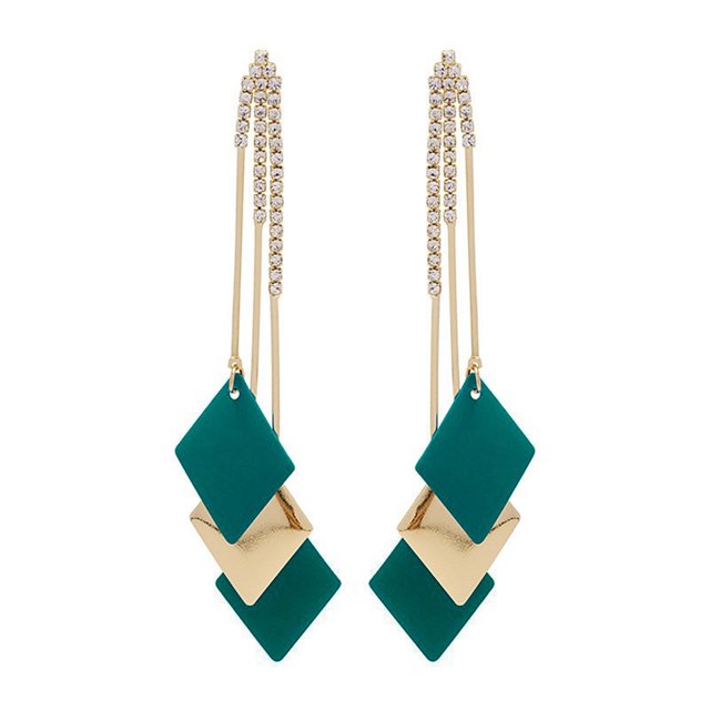 Visland 1 Pair Pendant Earrings Bohemian Geometric Exaggerated Contrast Color Rhombus Inlaid Tassel Earrings Jewelry Accessory