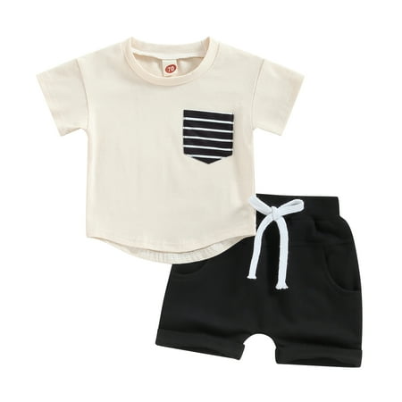 

Toddler Boys Summer Outfit Sets 6M 12M 18M 24M 3Y Short Sleeve Contrast Color Tops + Solid Color Drawstring Shorts