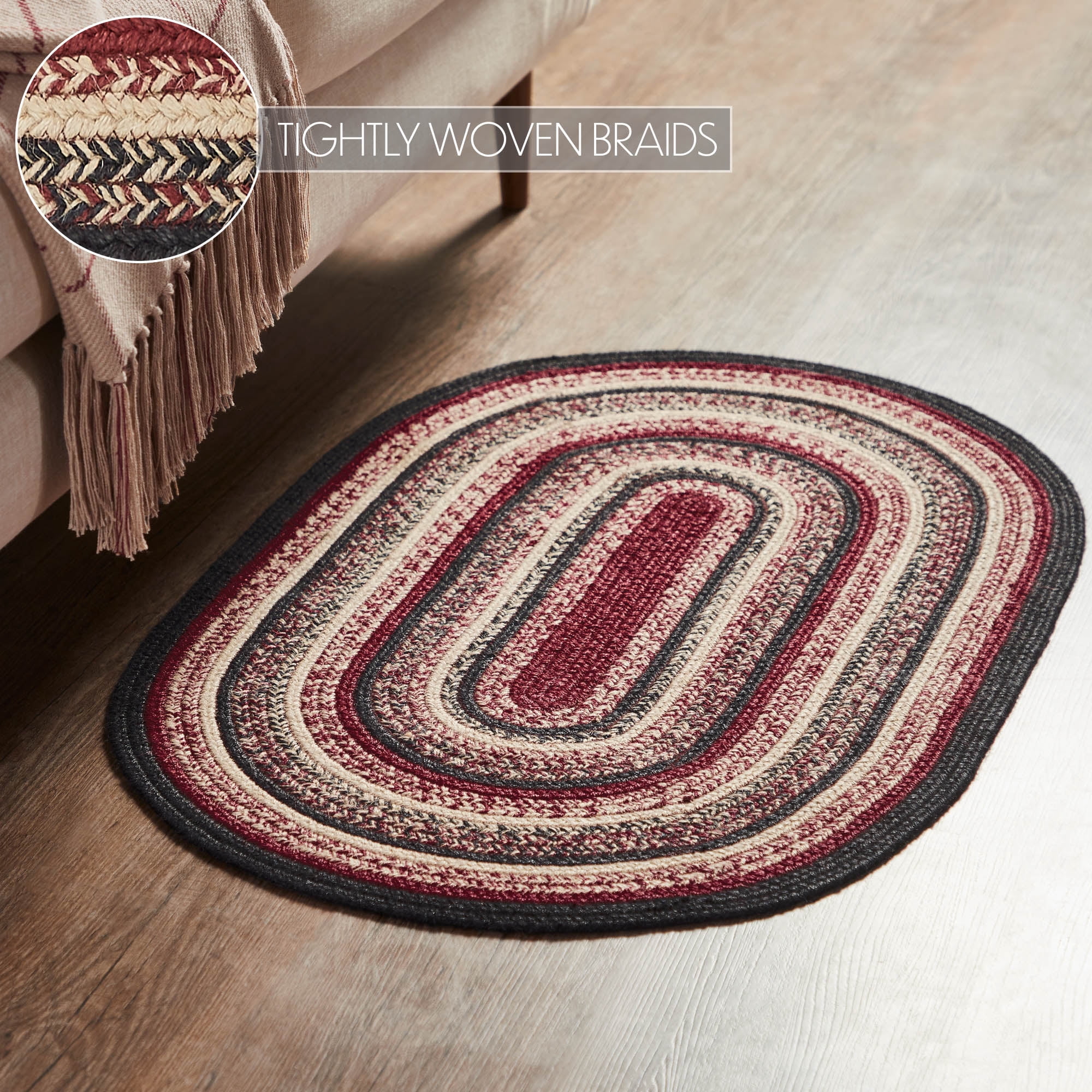 VHC Brands Jute Rug 24x36 w/Pad, Jute Area Rug, Accent Rug, Floor Decor, Braided, Connell Collection, Oval 24x36, Country Black
