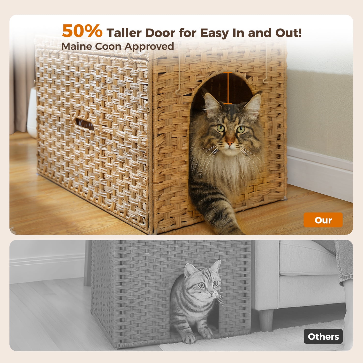 PEQULTI Rattan Cat Litter Box Enclosure Pet House with Taller Doorway for Large Cats Indoor Beige