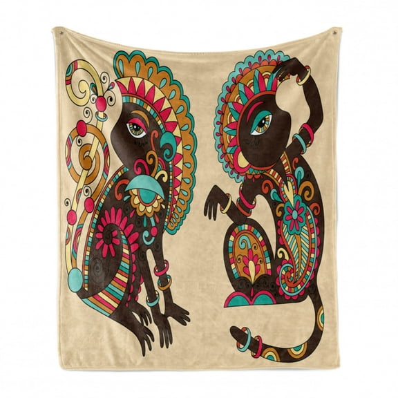 Tribal Soft Flannel Fleece Throw Blanket, Patterns on a Monkey Tailed Posing Animal Wildlife Creatures Print, Cozy Plush for Indoor and Outdoor Use, 70" x 90", Multicolor, by Ambesonne