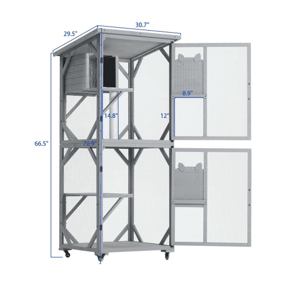 Large Outdoor Catio Cat Enclosure with Wheels,Waterproof Roof&Multi-Level Play Areas,70.9"