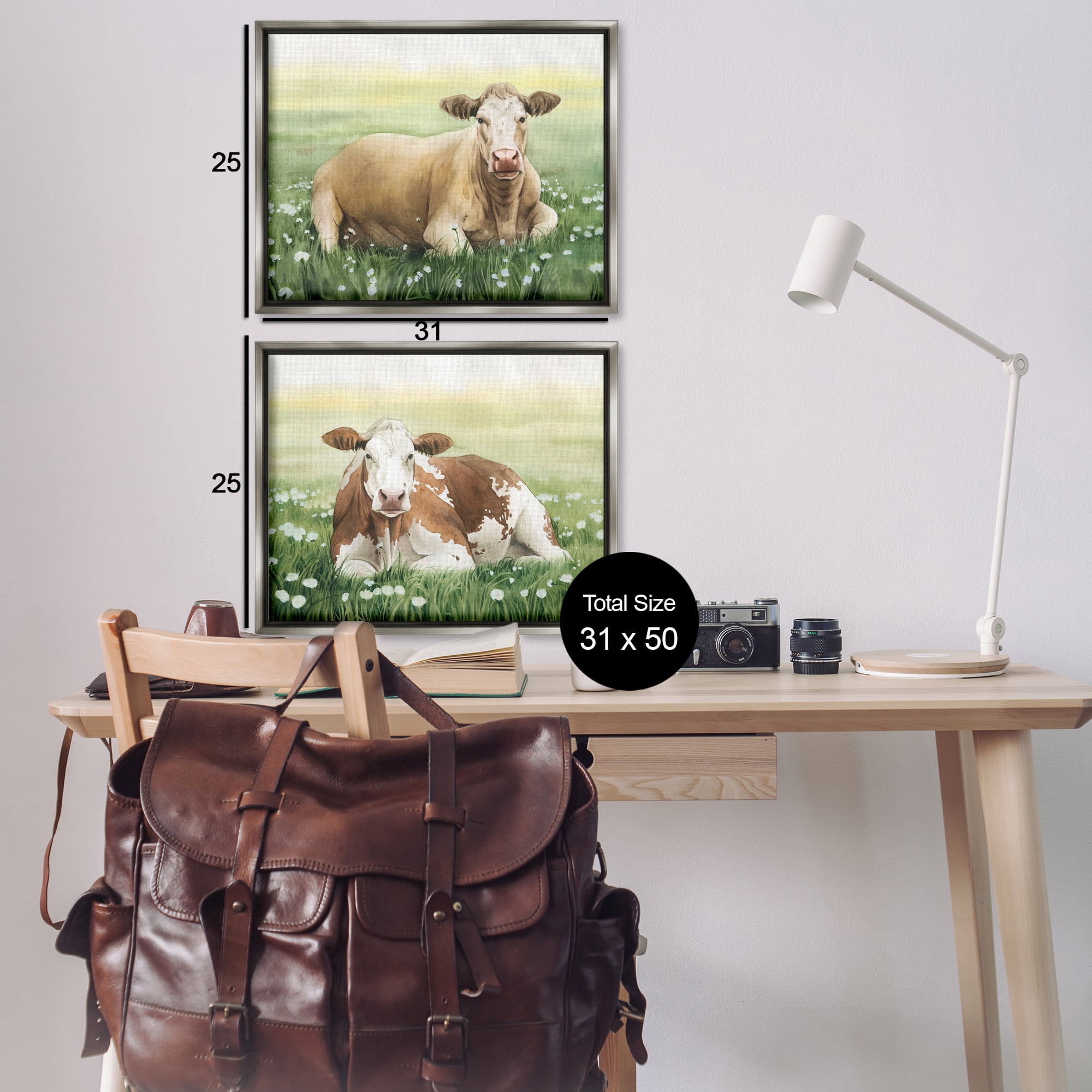 Stupell Industries Cows Resting in Flower Field Animals Painting Gray Floater Framed Canvas Art Print Wall Art, 31 x 25, Set of 2