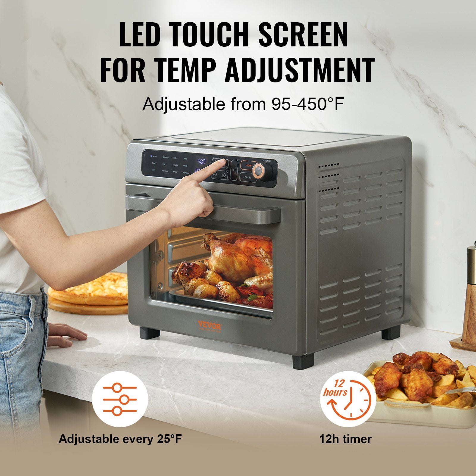 1700W Powerful 25L Stainless Steel Air Fryer Toaster Oven, 12-in-1 Countertop Convection Oven Combo with Grill, Pizza Pan & Gloves, Makes 12 Slices of Toast & 12-inch Pizza, Multi-Use
