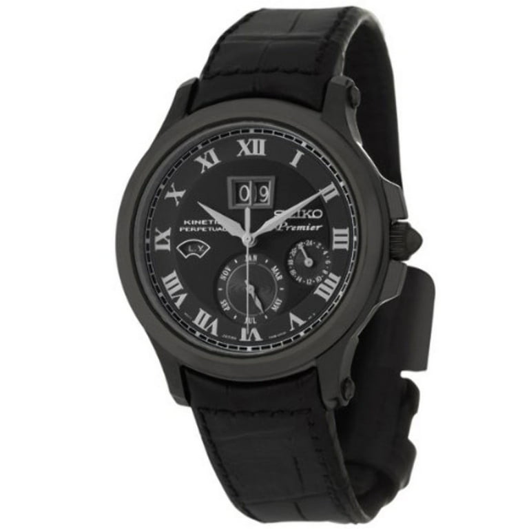 Seiko SNP045 Men's Premier Black Dial Black Leather Strap Kinetic