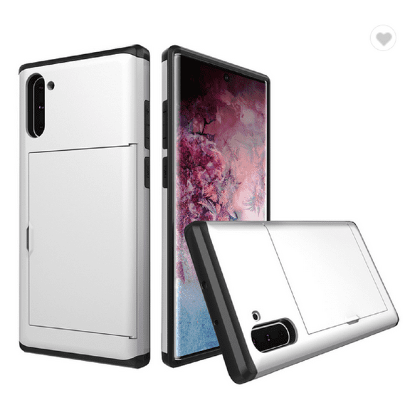 Card Slot Holder Wallet Samsung Galaxy Note 10 Case - (White) Dual Layer Shockproof with Heavy Duty Protection