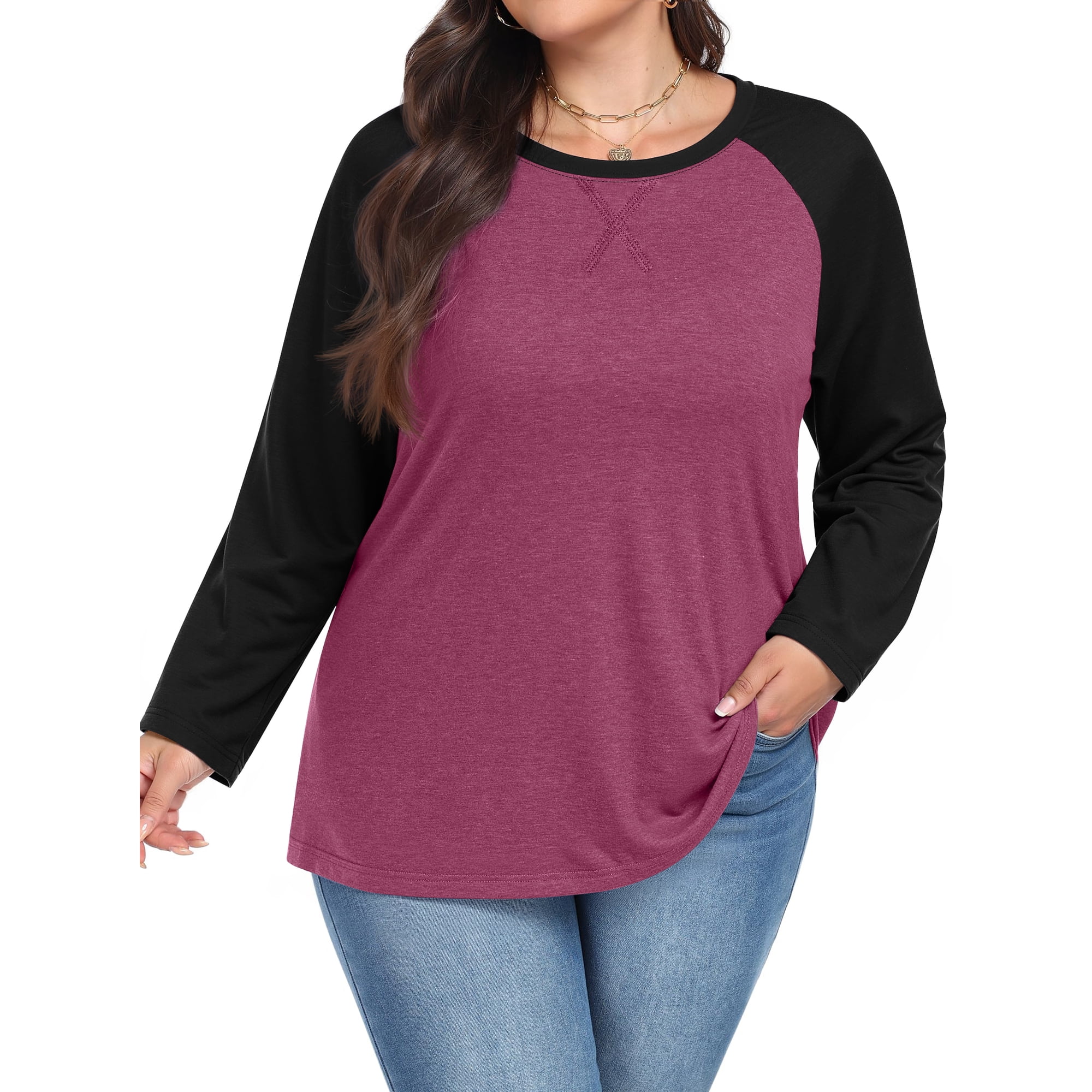 WellSize Plus Size T Shirts for Women Color Block Long Sleeve Fall Tops Casual Tee Crew Neck Blouses