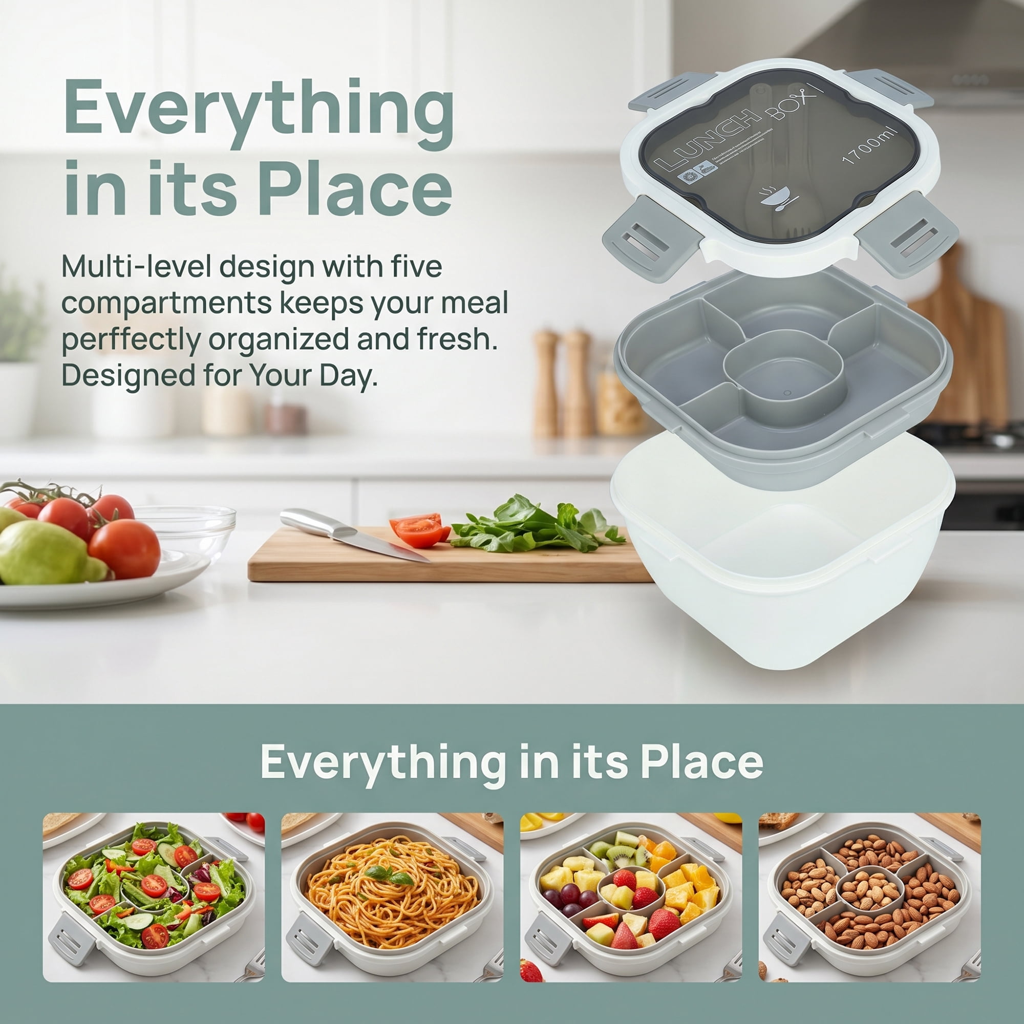 Unique Bargains 1200ml Leak-Proof Meal Prep Lunch Bento Box White-2