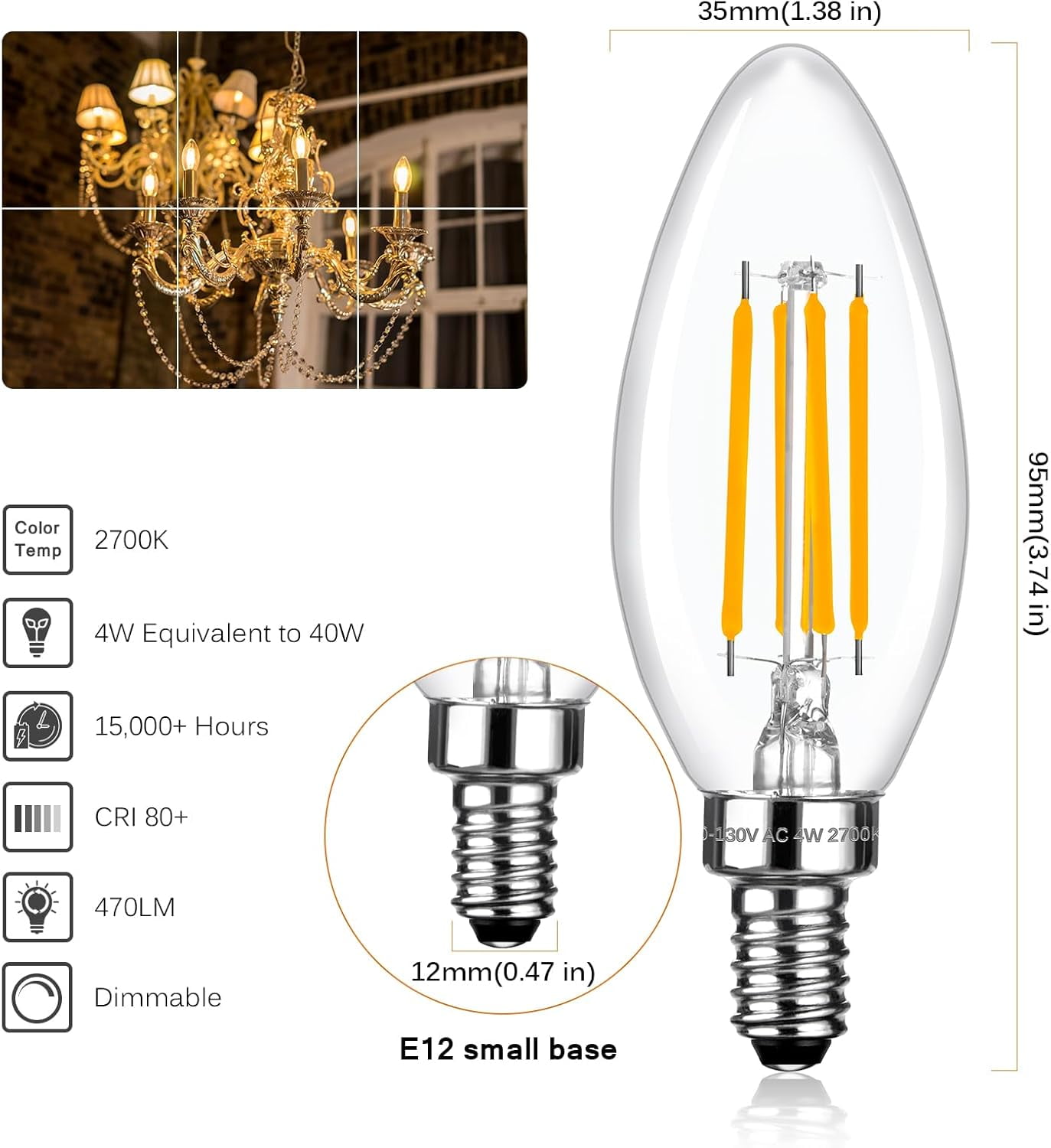 SHAANXIXIAN E12 LED Candelabra Bulbs 40 Watt Equivalent, 2700K Soft Warm White, 470 Lumens, C35 Dimmable LED 4W B11 Ceiling Fan and Chandelier Light Bulb, 6 Pack