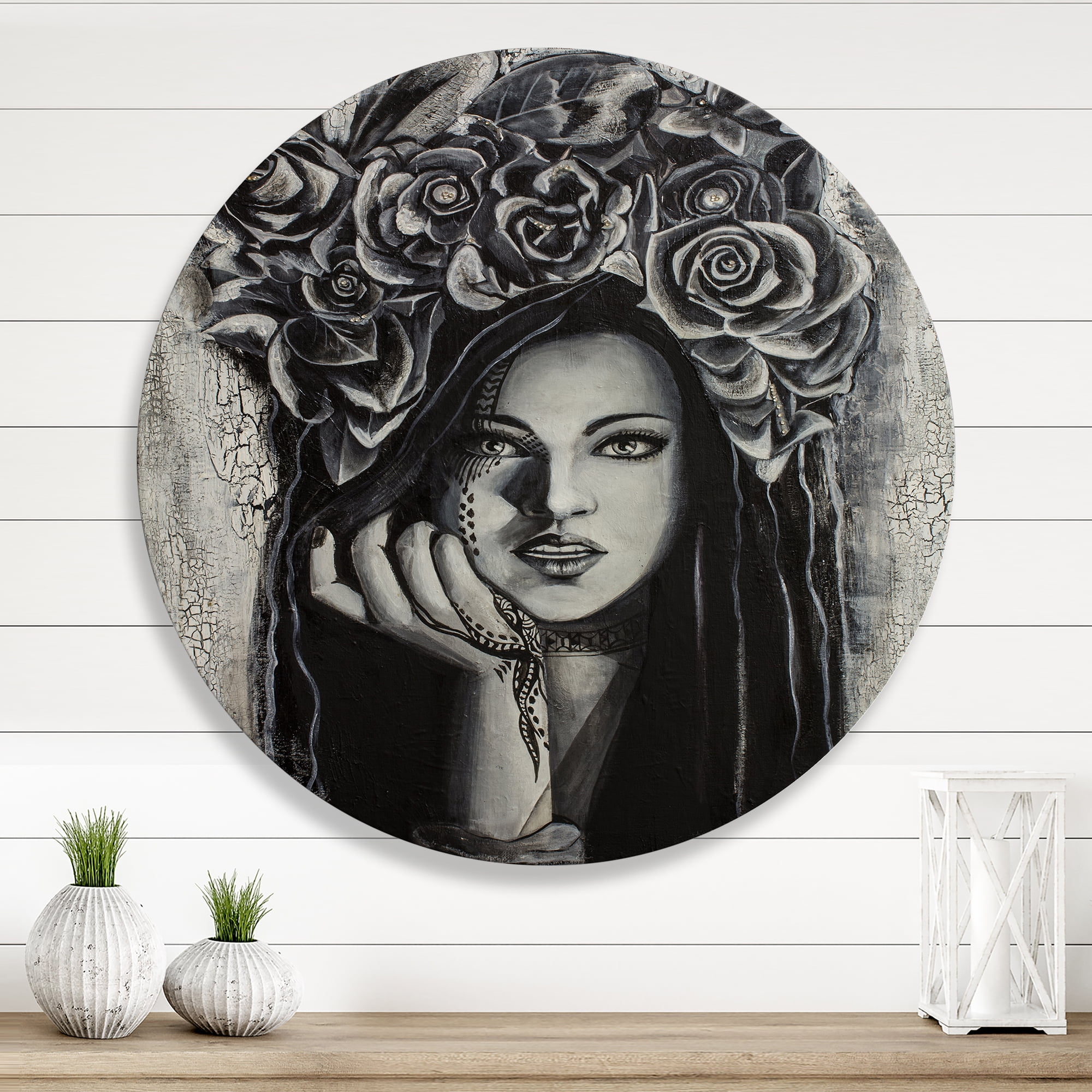 Designart 'Portrait Of A Young Woman With Flowers III' Modern Circle Metal Wall Art 23x23 - Disc of 23