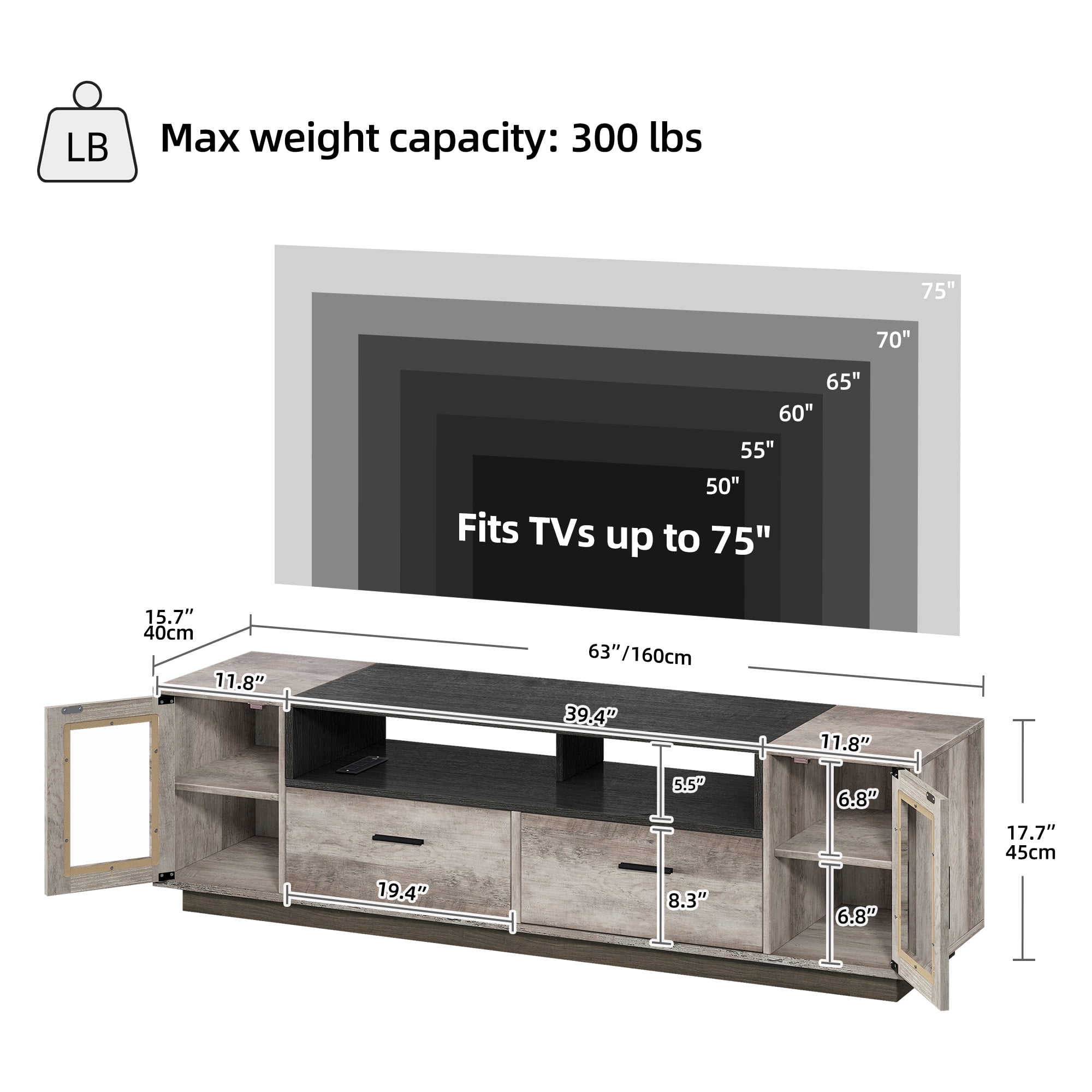 Uforic Large TV Stand w/Power Outlets for 70 inch TV, LED Entertainment Center, Gray