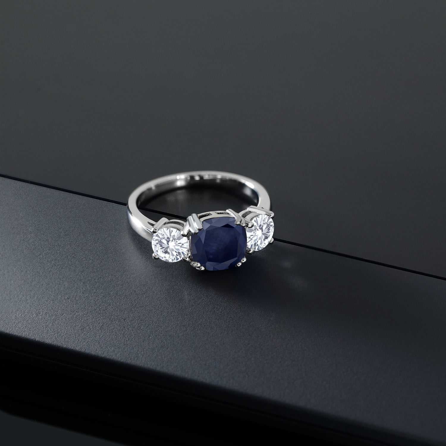 Gem Stone King 3.82 Cttw Blue Sapphire and White Moissanite 3 Stone Engagement Ring for Women | 925 Sterling Silver | Gemstone Birthstone | Cushion 8MM and Round 5MM| Size 8