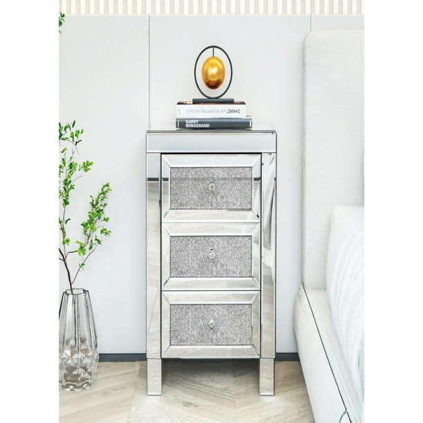 SamyoHome Mirrored Nightstand with 3 Drawers Mirror Accent Side Table