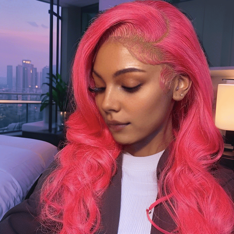 Pink Colored 13x4 Lace Front Wig Body Wave Brazilian Remy Human Hair Wigs Preplucked Natural Hairline High Density Elegant Hairstyle For Women Daily&Birthday&Wedding Use Wig 180 Density 28 Inch