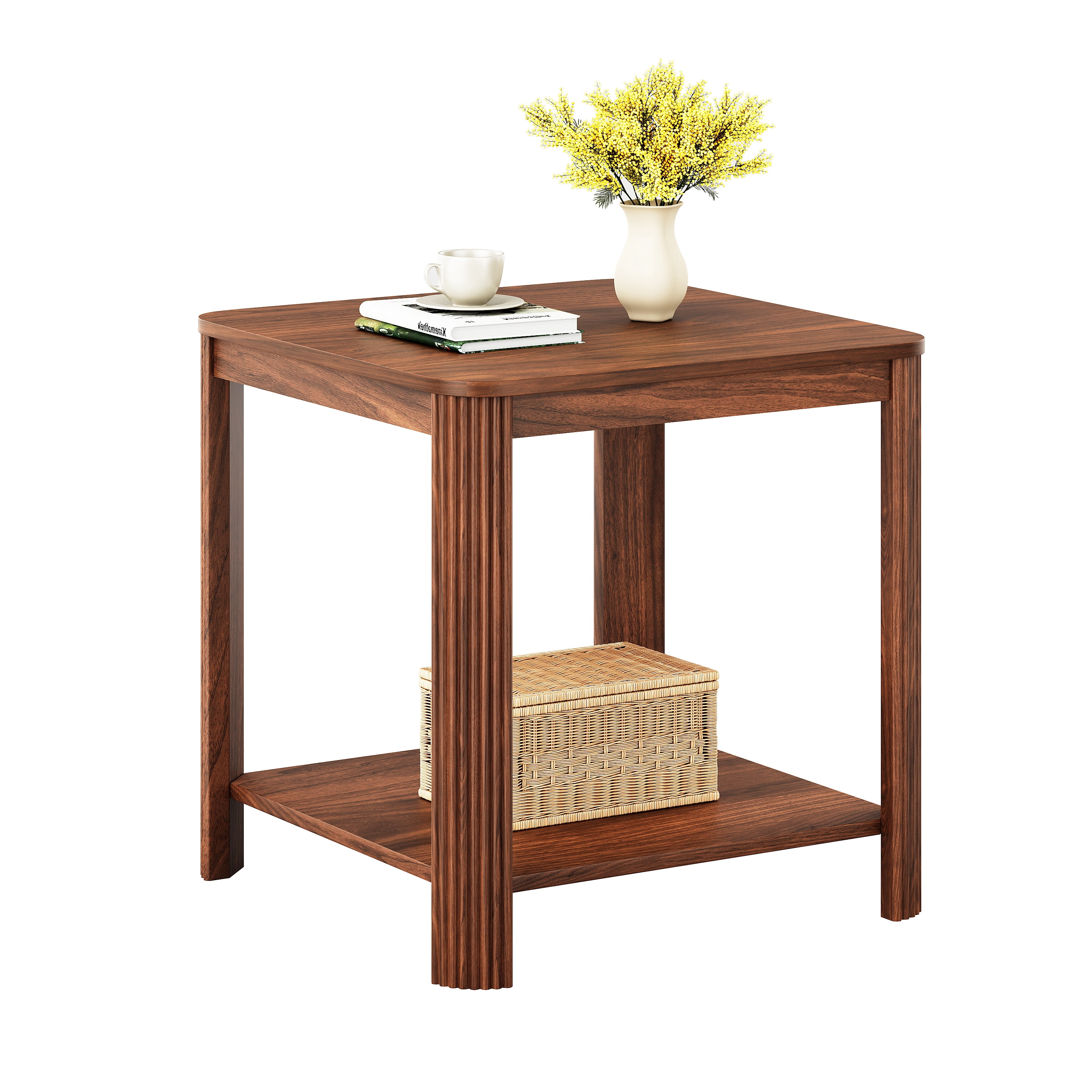 Rounded Corner End Tables Set of 2, 22.1" Square Nightstand with Vertical Wave Grain Legs, 2-Tier Boho Side Table for Living Room, Bedroom & Home Office (Walnut)