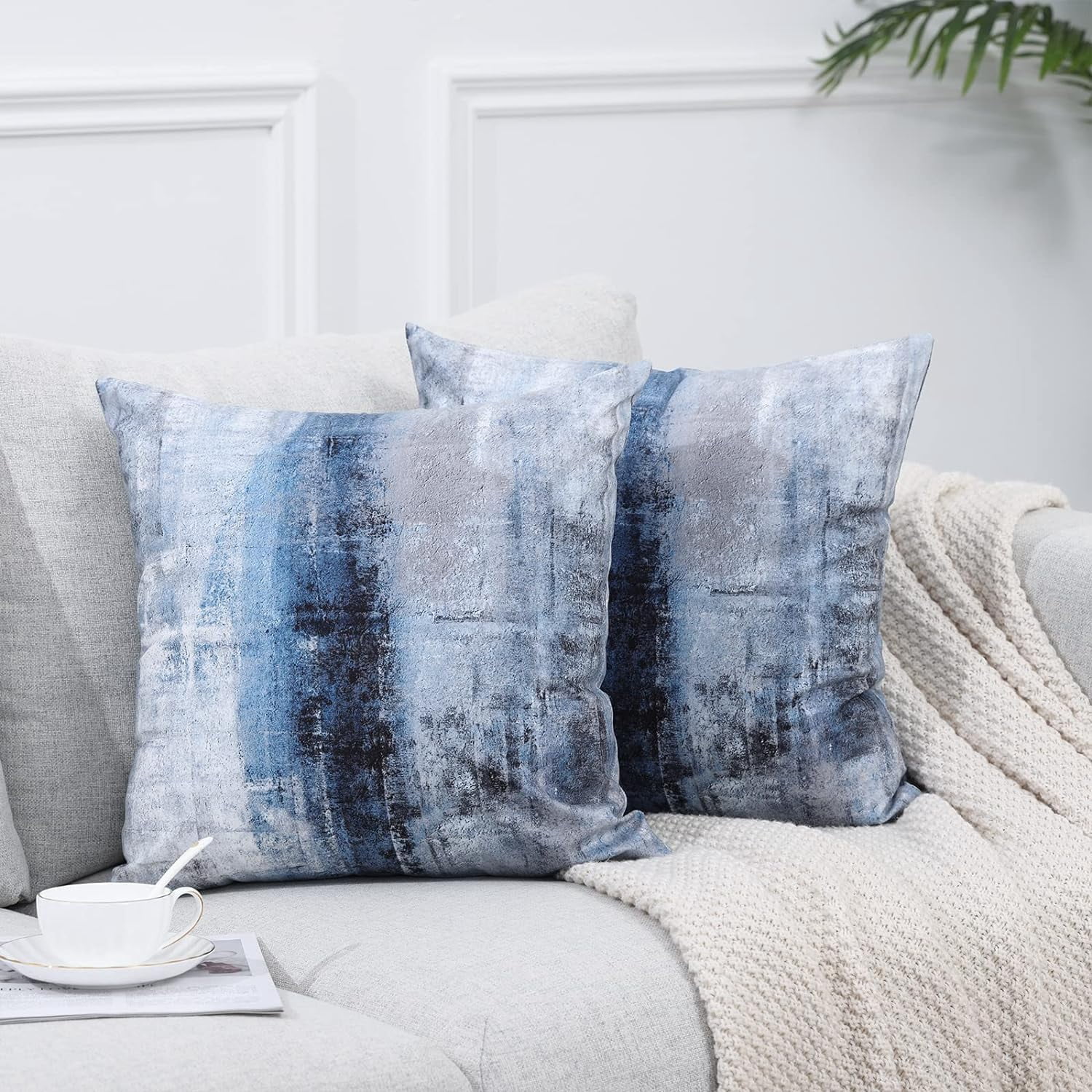 LALILO Blue and Grey Abstract Art Pillow Cover, Gallery Throw Pillows Cushion Cover 24 x 24 2Pcs