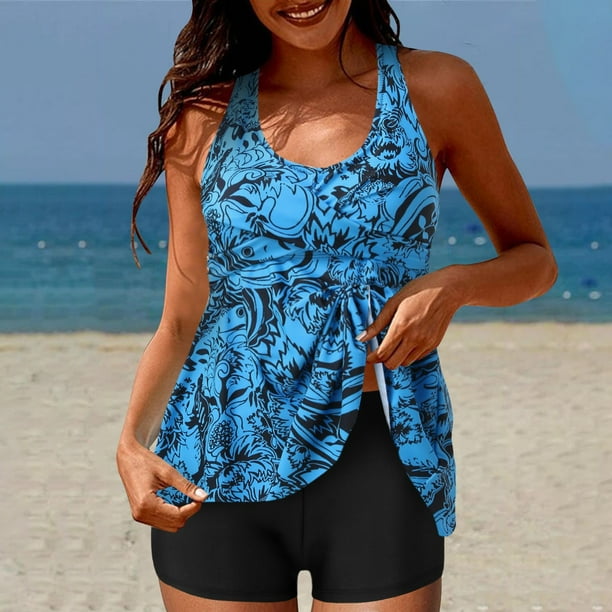 Meichang Swimsuits for Women Two Piece Halter Tankinis Bathing Suits Trendy Print Swim Dress Tops with Boyshorts Swimming Suits Going Out Water Sports Swimsuits Walmart