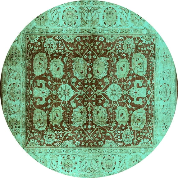 Ahgly Company Machine Washable Indoor Round Oriental Turquoise Blue Industrial Area Rugs, 5' Round
