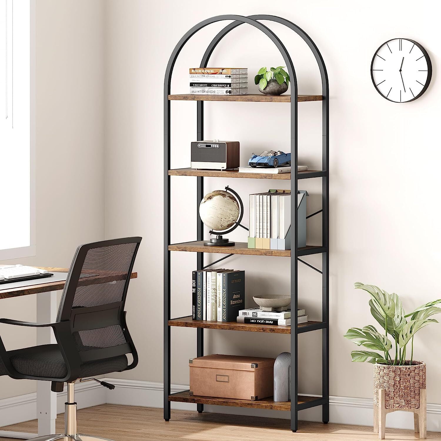 Yesfashion Bookshelf 5 Tier Bookcase Arched Display Racks Tall Standing Bookshelves Mental Frame Rustic Storage Rack Shelf Brown Book Shelf for Bedroom, Living Room, Home Office, Rustic Brown