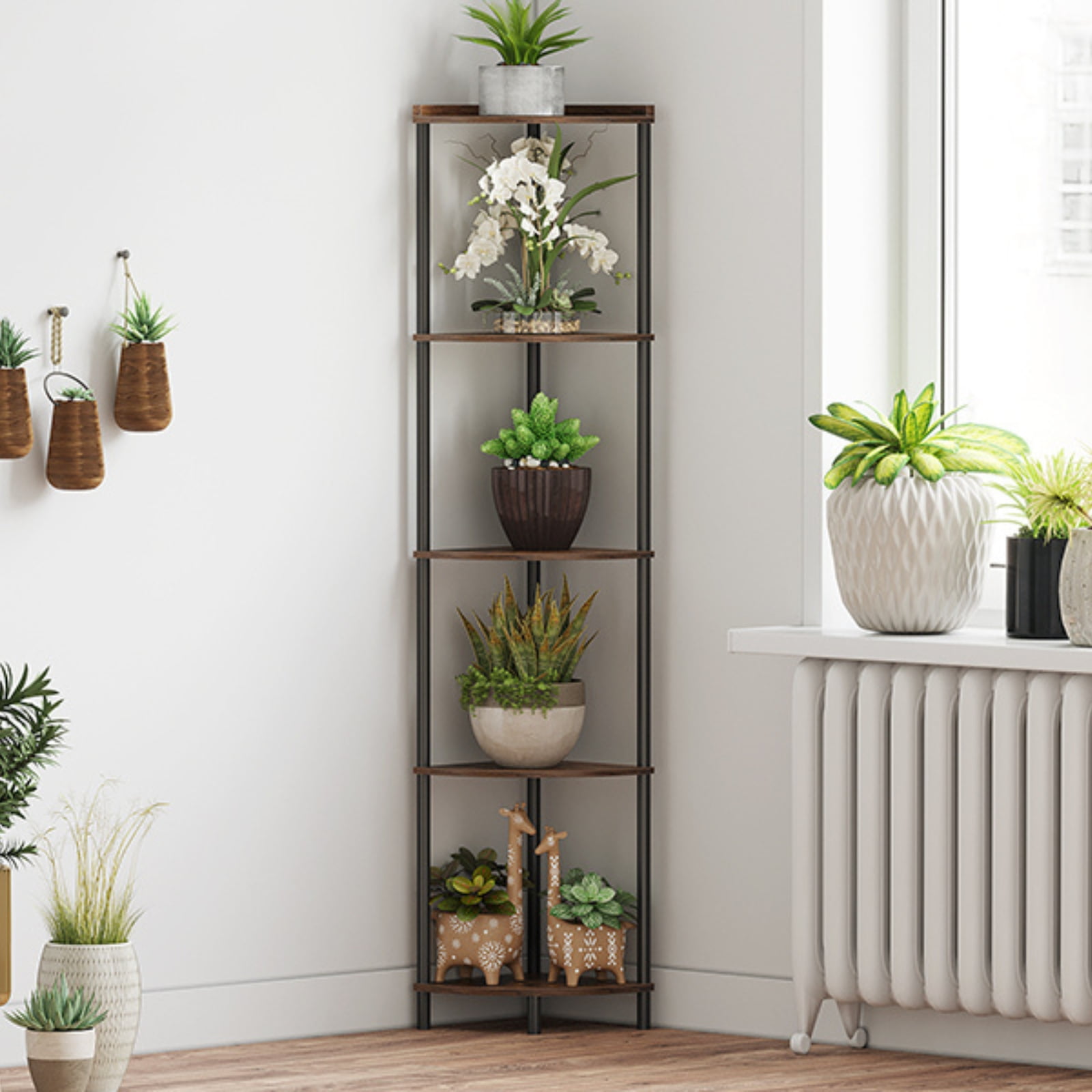 SUNMORY 65" Corner Shelf Stand, 5-Tier Industrial Corner Shelves, Wall Corner Bookshelf, Display Shelf Tall Shelf Plant Stand for Bedroom, Bathroom, Living Room, Corridor