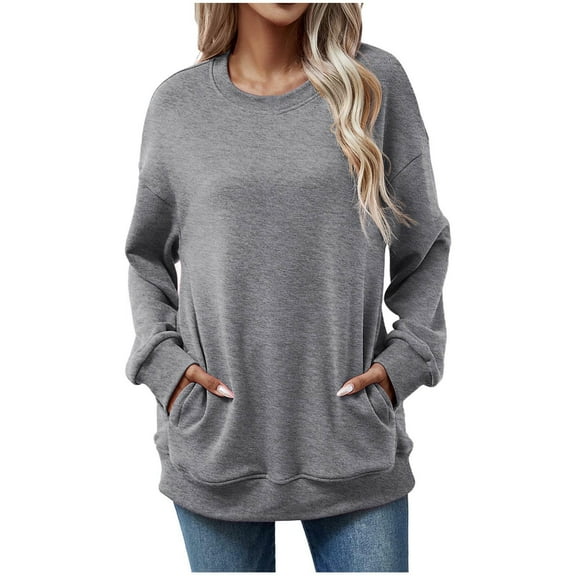 RYRJJ Oversized Sweatshirt for Women Long Sleeve Shirts Crewneck Fall Fashion Pullover Trendy Tunic Tops with Pockets(Gray,S)