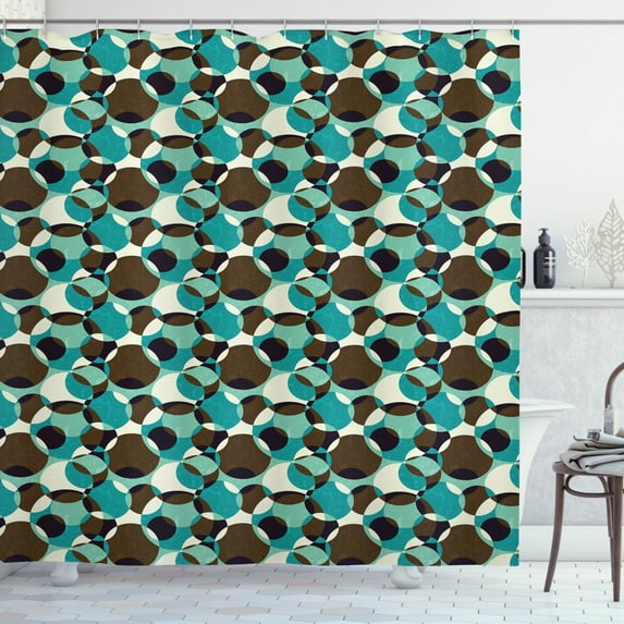 Retro Shower Curtain, Weathered Texture of Geometrical Composition with Moire and Intersecting Circles, Fabric Bathroom Set with Hooks, 69W X 70L Inches, Multicolor, by Ambesonne