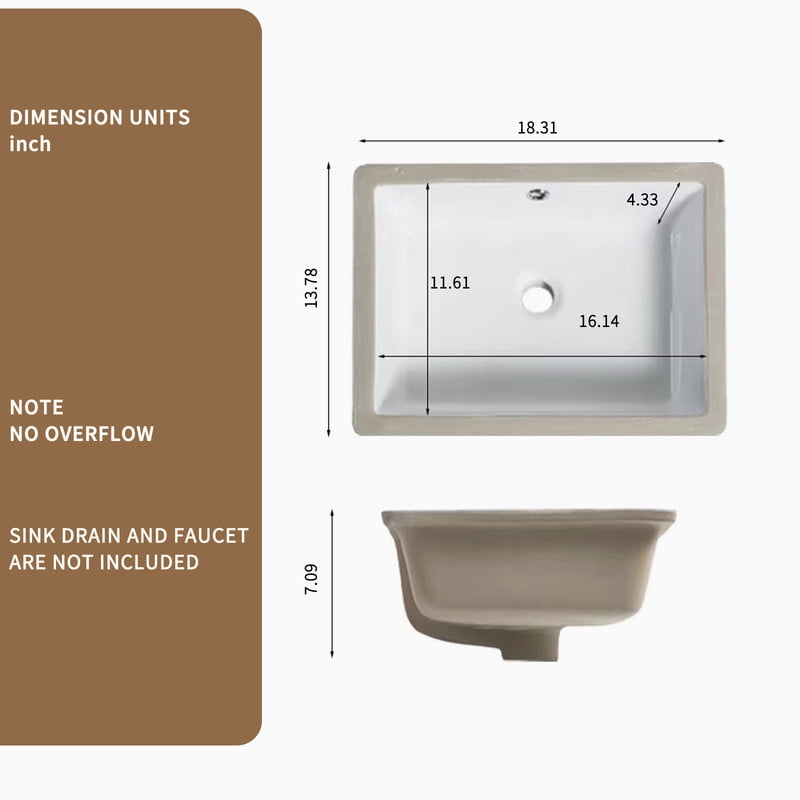 TICOZE Modern White 18 Inch Rectangle Porcelain Undermount Sink, Bathroom Sink Vanity Sink with Overflow, Vessel Sinks Style Basin Sink for Under Counter Installation