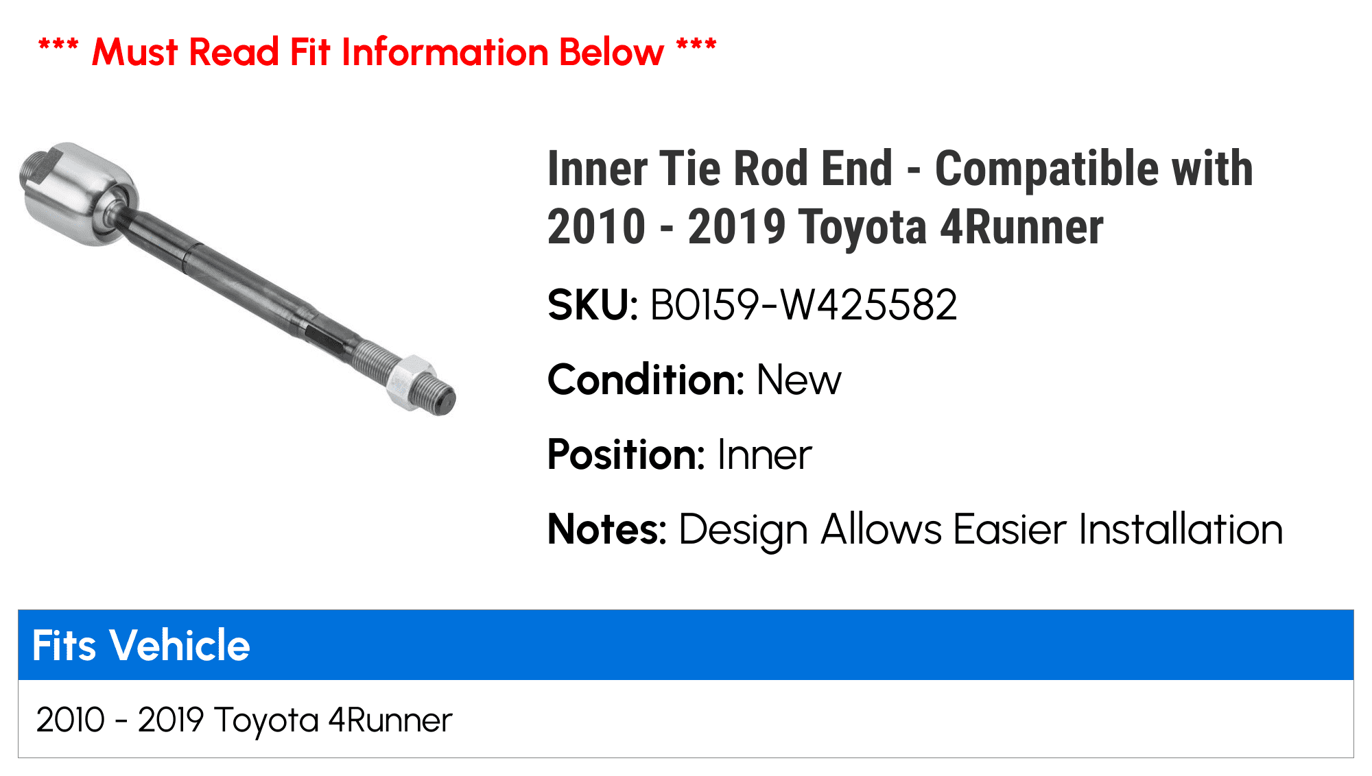 Inner Tie Rod End - Compatible with 2010 - 2019 Toyota 4Runner 2011 2012 2013 2014 2015 2016 2017 2018