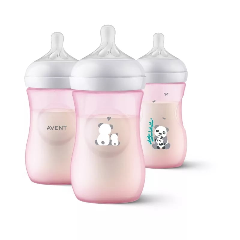 Natural Baby Bottles with Response Nipples, 9oz/3pk, BPA-Free, Silicone Nipples, Anti-Colic Infant Feeding Bottles, Wide Neck, Pink Panda Design, Newborn Baby Bottles