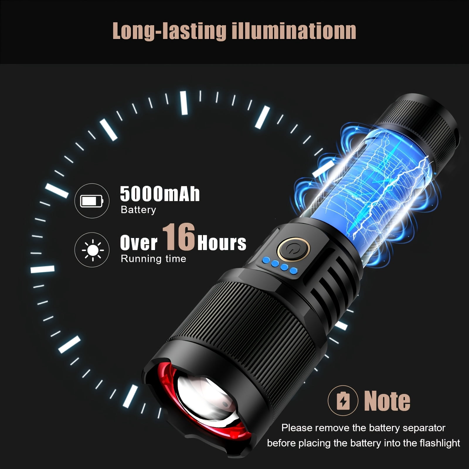 SKYFIRE Tactical LED Flashlight, High-Brightness Rechargeable with Zoom & 3 Modes
