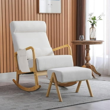 Nursery Rocking Chair with Ottoman,Side Pocket, Rocker Glider Chair Mid-Century Modern Upholstered Rocking Chair with Footrest& Thick Padded Cushion for Living Baby Room,White