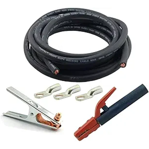 WeldingCity 50-ft 2-AWG USA-made Heavy Duty Welding Cable with Work Clamp, Stick Electrode Holder Stinger and Terminal Lug for Welder Whip Lead