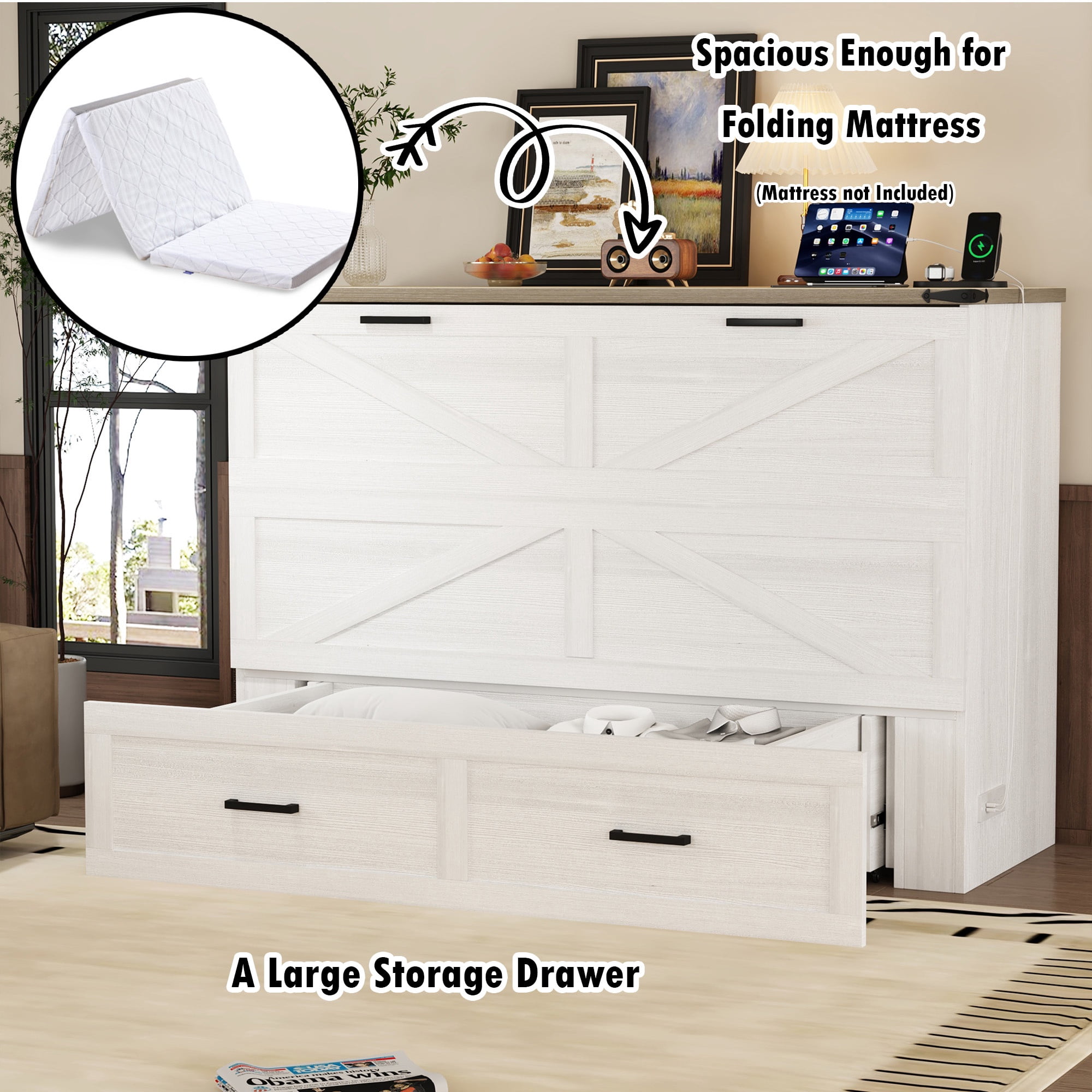 Bellemave Queen Size Farmhouse Murphy Bed Frame with Charging Station and Storage Drawer Foldable Cabinet Platform Bed for Guest Room or Home Office (Queen Size, Antique White)