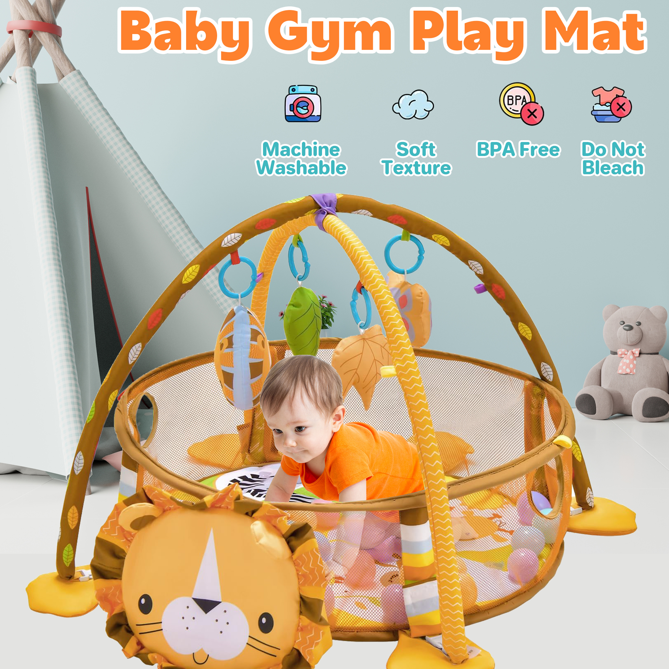 KOPPOP 3-in-1 Baby Play Gym with Ocean Ball Pit, Safari Theme photo 6