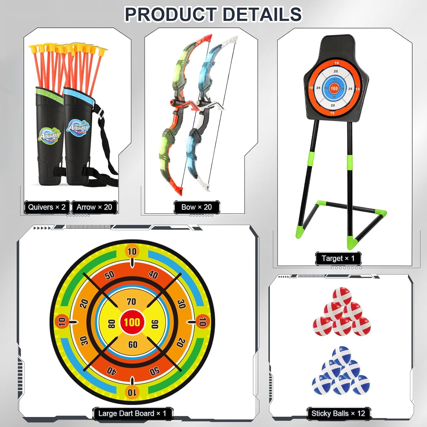 Bow and Arrow Set for Kids, 2-Pack LED Light Up Archery Set with 20 Suction Cup Arrows, Indoor and Outdoor Toy for Boys Girls Age 4-8 8-12 with Standing Target&2 Quivers