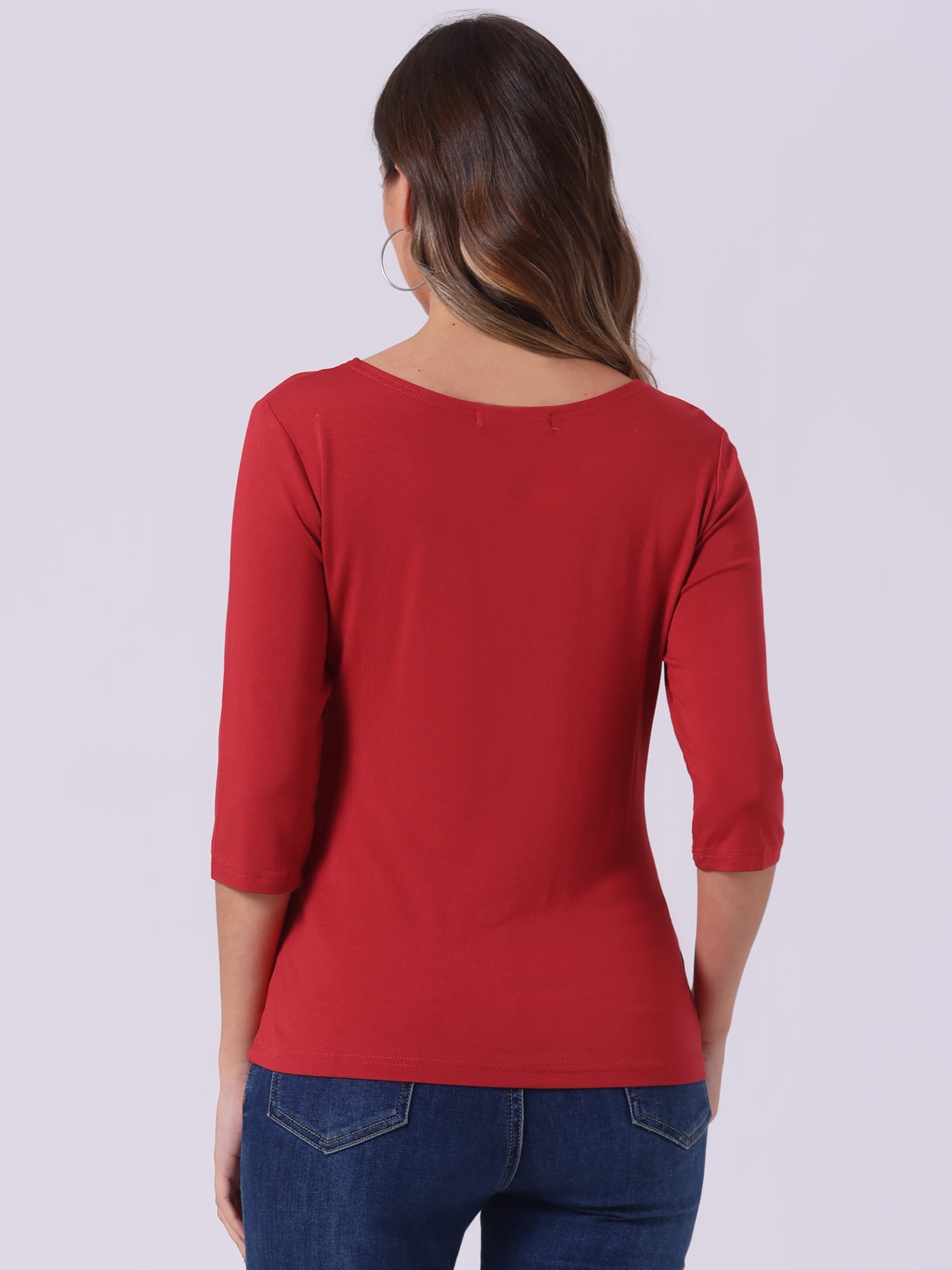 DARING DIVA Women's Elbow Sleeves Boat Neck Slim Fit Classic Tee S Bright Red