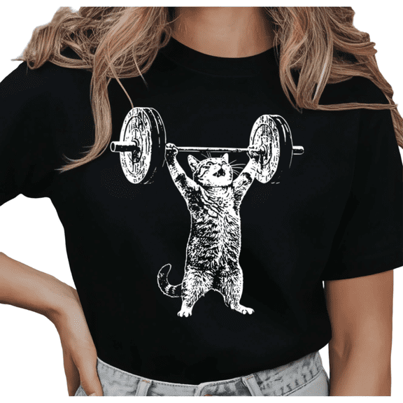 Women's Weightlifting Cat Graphic Casual T Shirt Funny Gym Lover Retro Vintage Workout Short Sleeve Round Neck Top Black S-5XL
