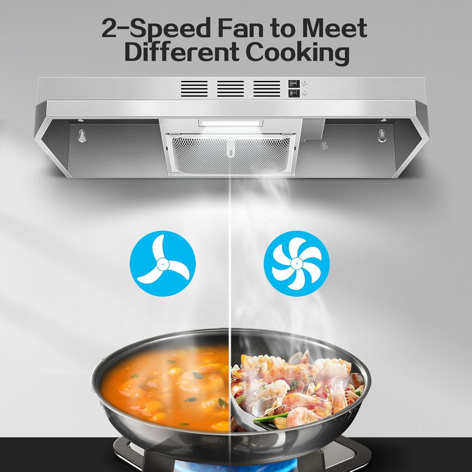 24 inch Range Hood Under Cabinet, Stainless Steel Kitchen Hood 280CFM, Ducted/Ductless Vent Hood with Rocker Button Control, Stove Hood with 2 Speeds Fan, Bright LED Light, black, silver, white
