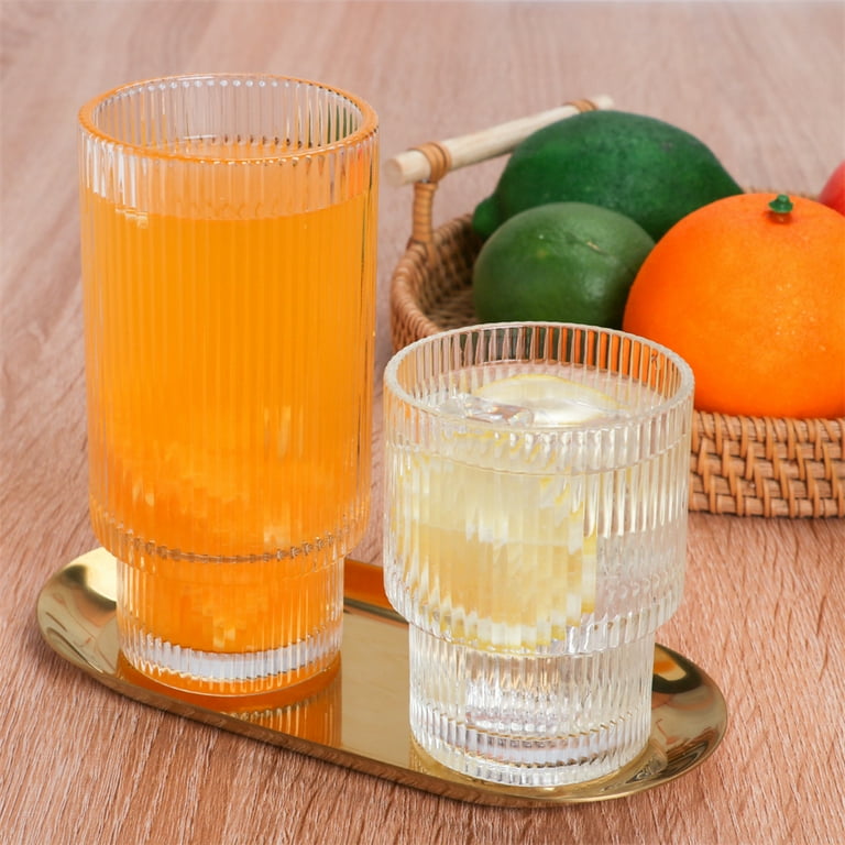 Origami Style Glass Cup Ripple Vintage Glassware Set of 4 Ribbed Glassware Unique Kitchen Drinking Glasses, Ideal for Cocktail Coffee Soda Juice Beer