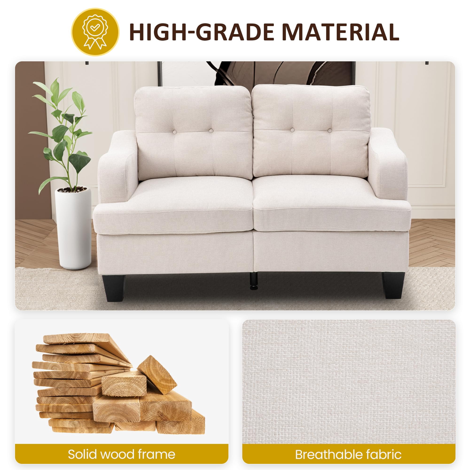 RoyalCraft Modular Sectional Sofa, Memory Foam, Button Tufted Designed, 2 Seats Sofa Couch for Living Room, Beige Velvet