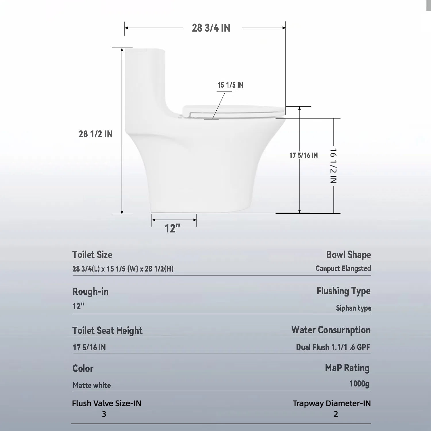 One-Piece Toilet,1.1/1.6 GPF Elongated Modern Toilet,Soft Closing Seat,Siphonic S-trap,Gloss White