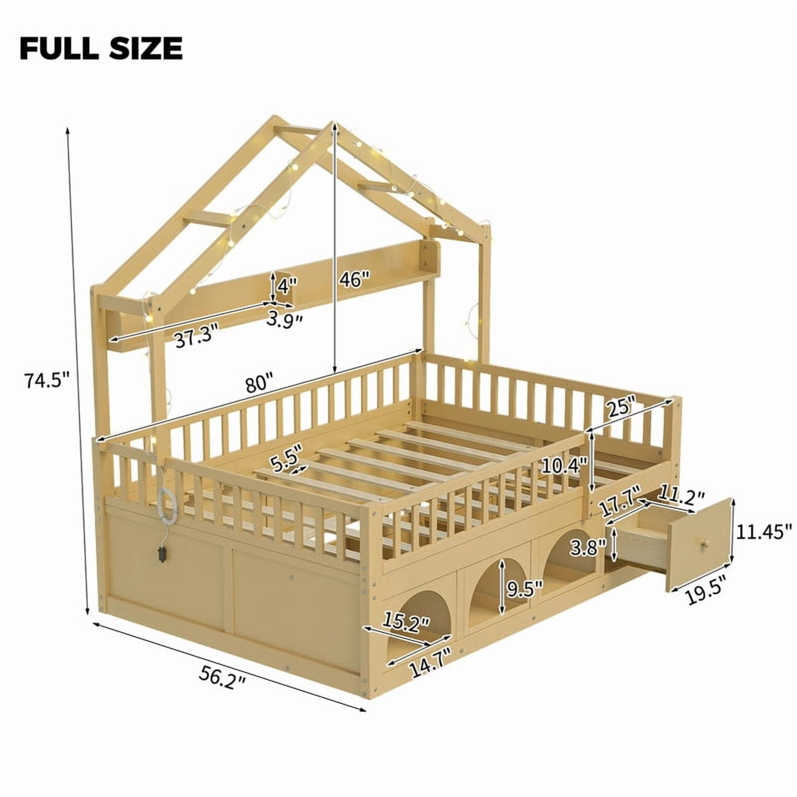 Full Size Kids Montessori Floor Bed Frame with Guardrail & Drawer, Children House Platform Bed with LED Light & Small Cat Bed