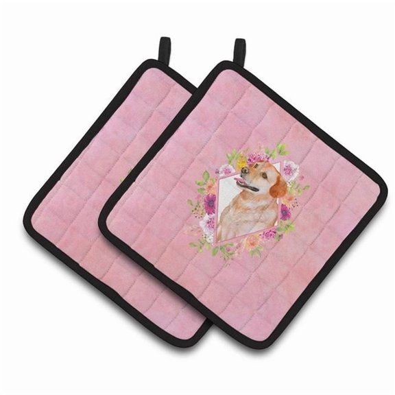 Carolines Treasures 7.5 x 7.5 in. Yellow Labrador Retriever Pink Flowers Pair of Pot Holders
